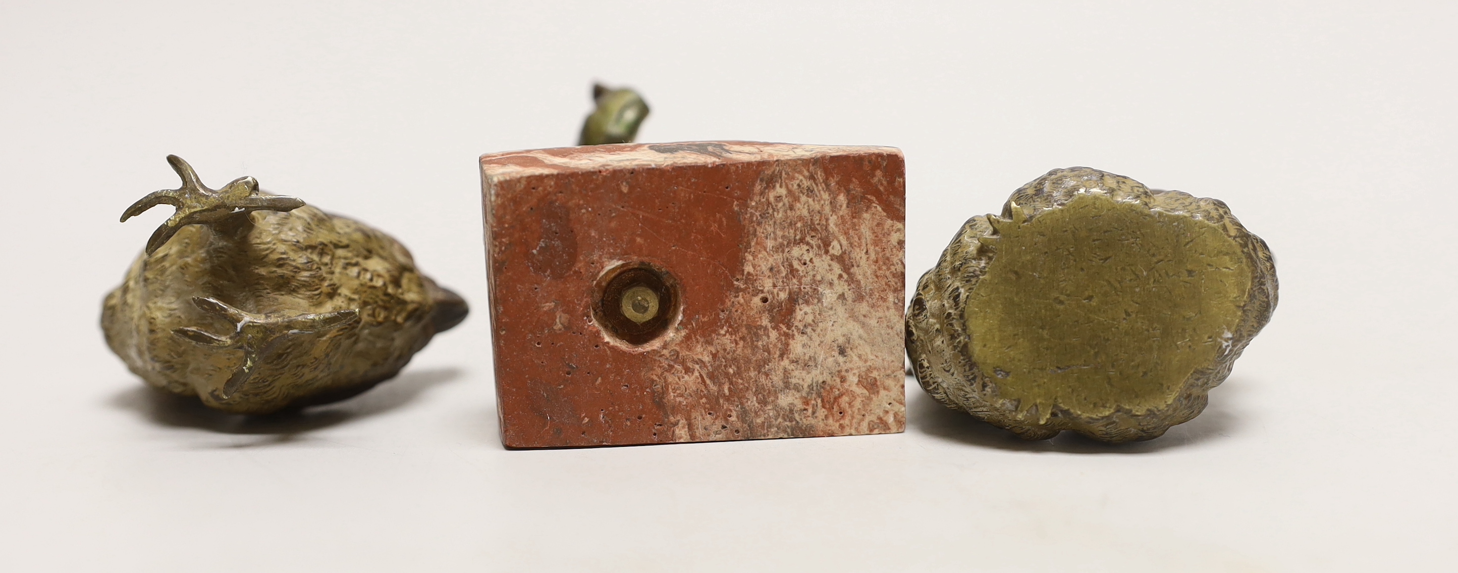 Two Austrian cold painted bronze chickens and a painted metal kneeling man, tallest 9cm